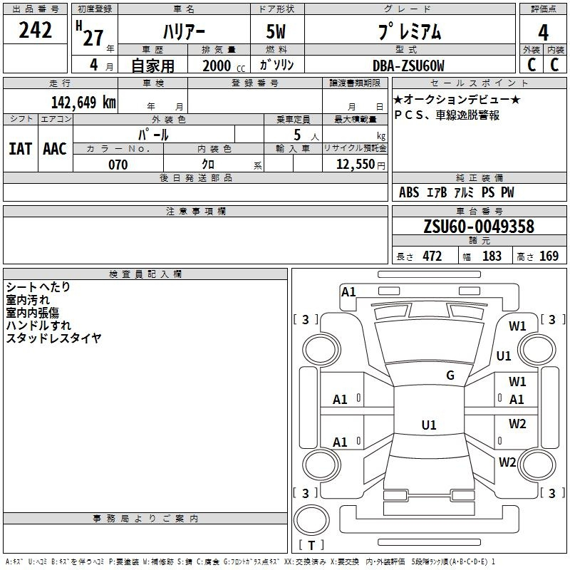 Аукционный лист TOYOTA HARRIER 2015