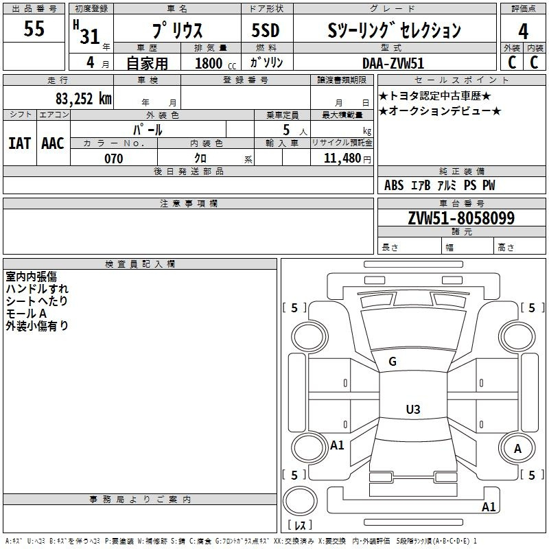 Аукционный лист TOYOTA PRIUS 2019