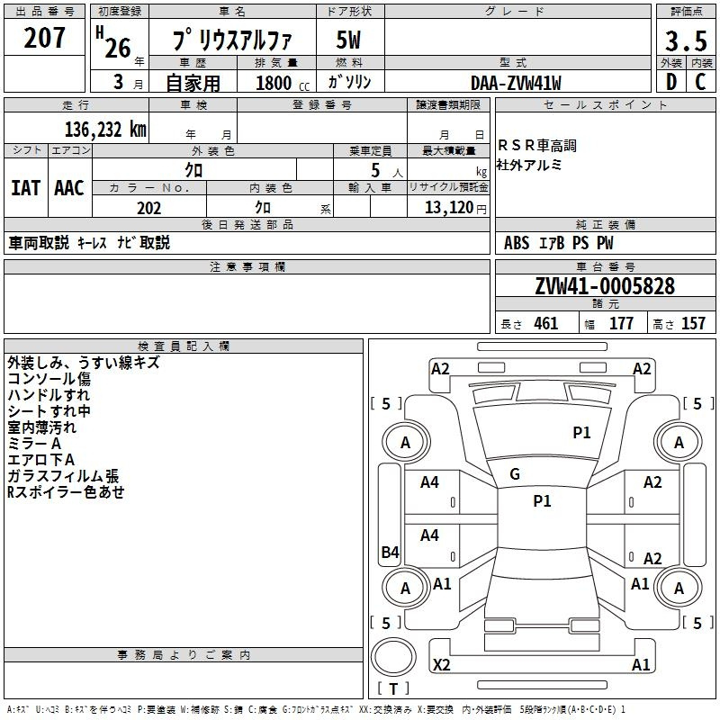 Аукционный лист TOYOTA PRIUS ALPHA 2014