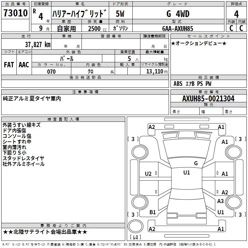 Аукционный лист TOYOTA HARRIER 2022