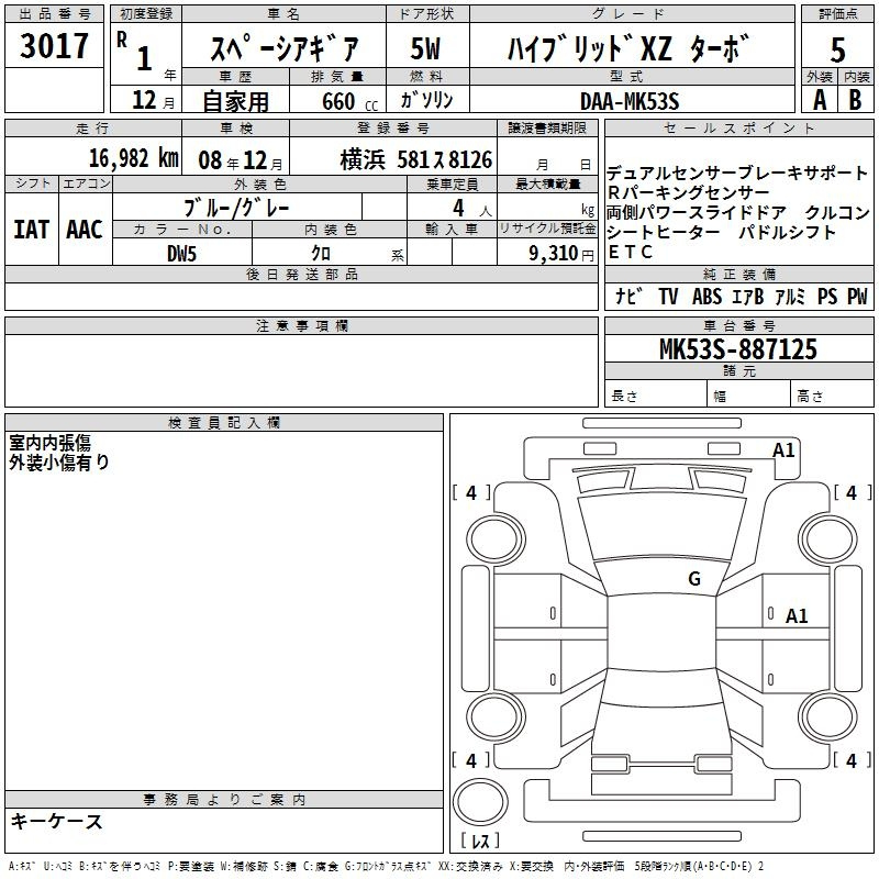 Аукционный лист SUZUKI SPACIA GEAR 2019