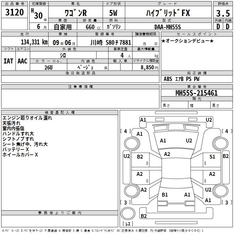 Аукционный лист SUZUKI WAGON R 2018