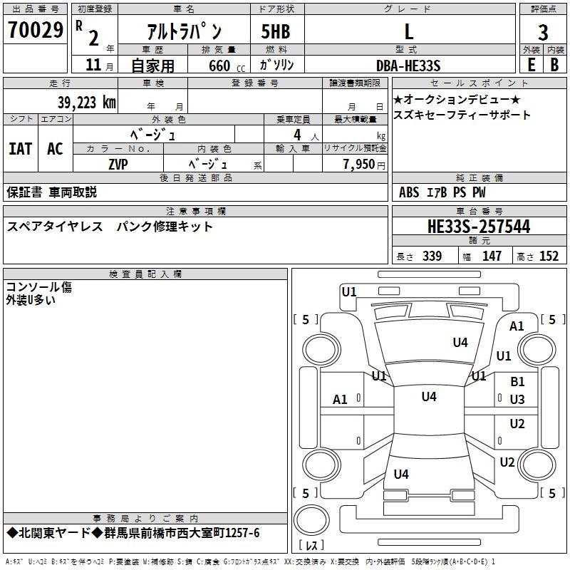 Аукционный лист SUZUKI ALTO LAPIN 2020