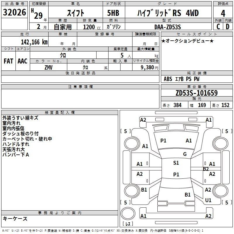 Аукционный лист SUZUKI SWIFT 2017