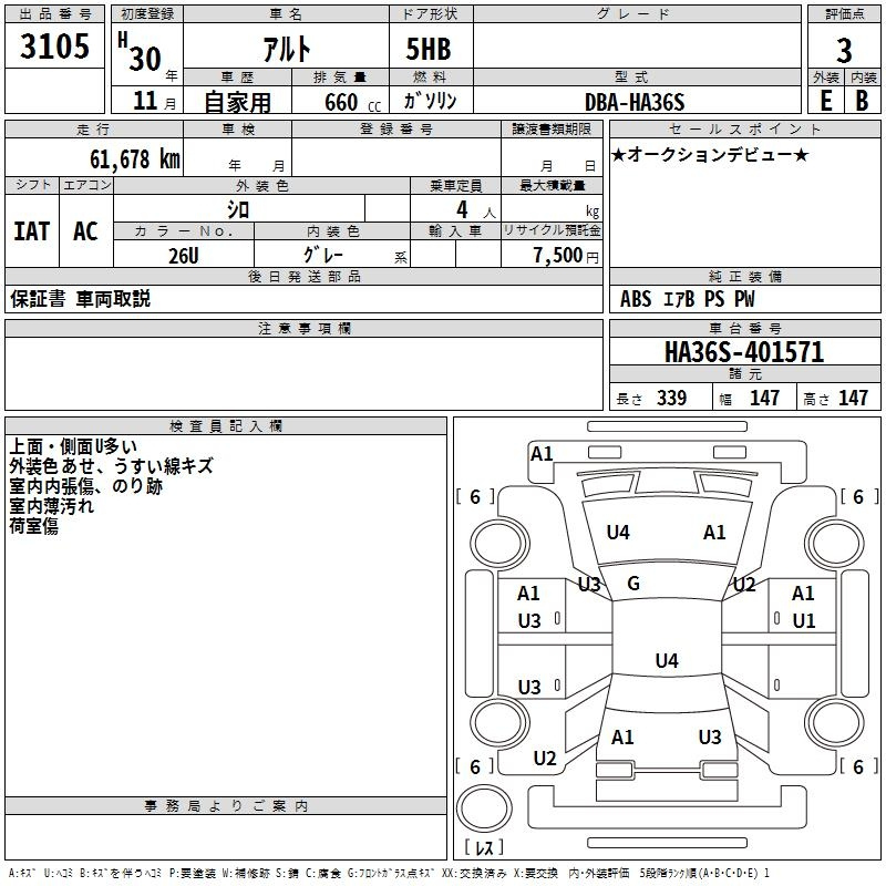 Аукционный лист SUZUKI ALTO 2018