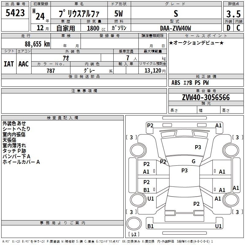 Аукционный лист TOYOTA PRIUS ALPHA 2012