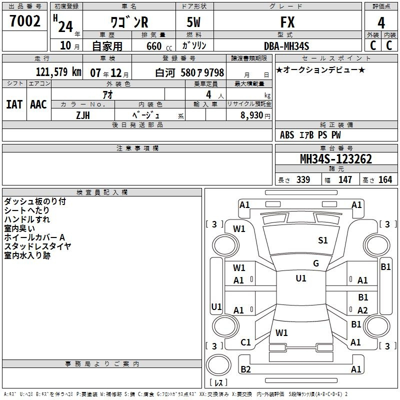 Аукционный лист SUZUKI WAGON R 2012