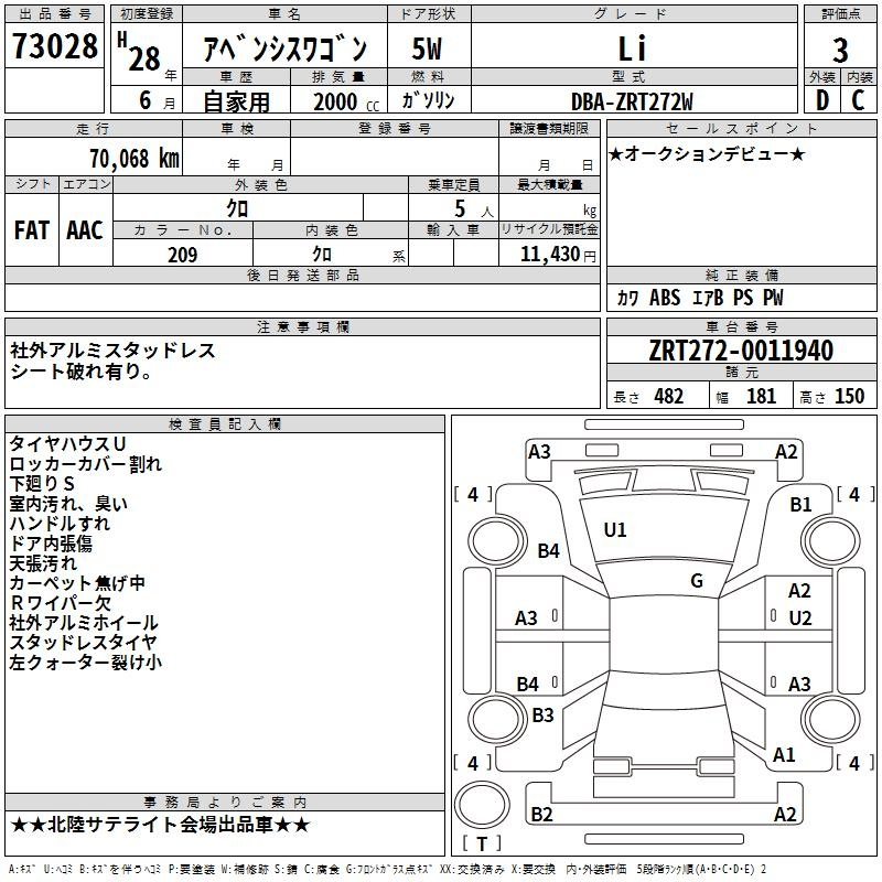 Аукционный лист TOYOTA AVENSIS WAGON 2016