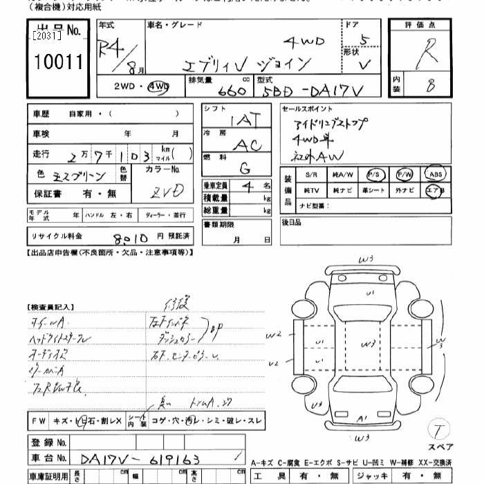 Аукционный лист SUZUKI EVERY 2022
