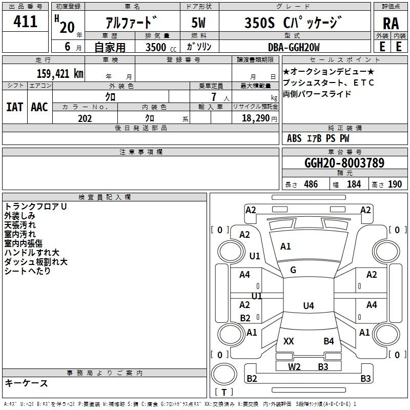 Аукционный лист TOYOTA ALPHARD 2008