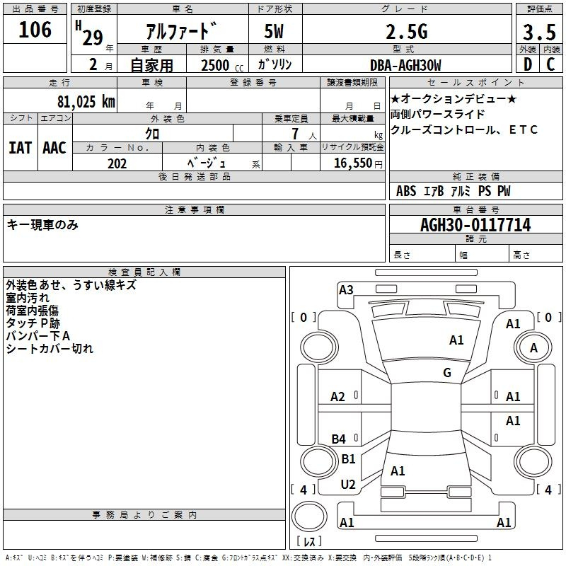 Аукционный лист TOYOTA ALPHARD 2017