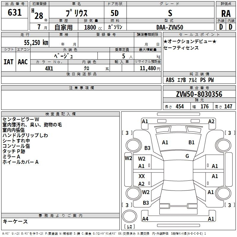 Аукционный лист TOYOTA PRIUS 2016