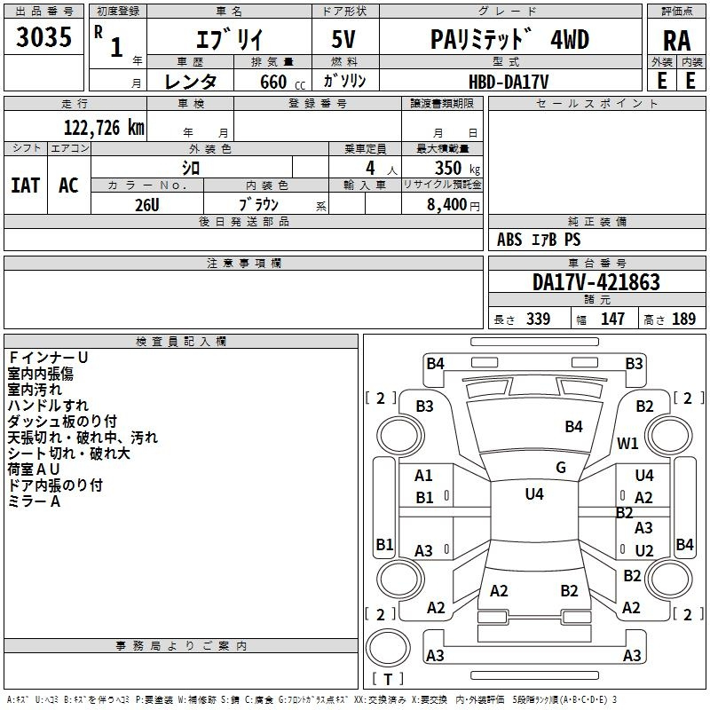 Аукционный лист SUZUKI EVERY 2019