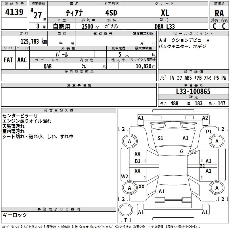 Аукционный лист NISSAN TEANA 2015