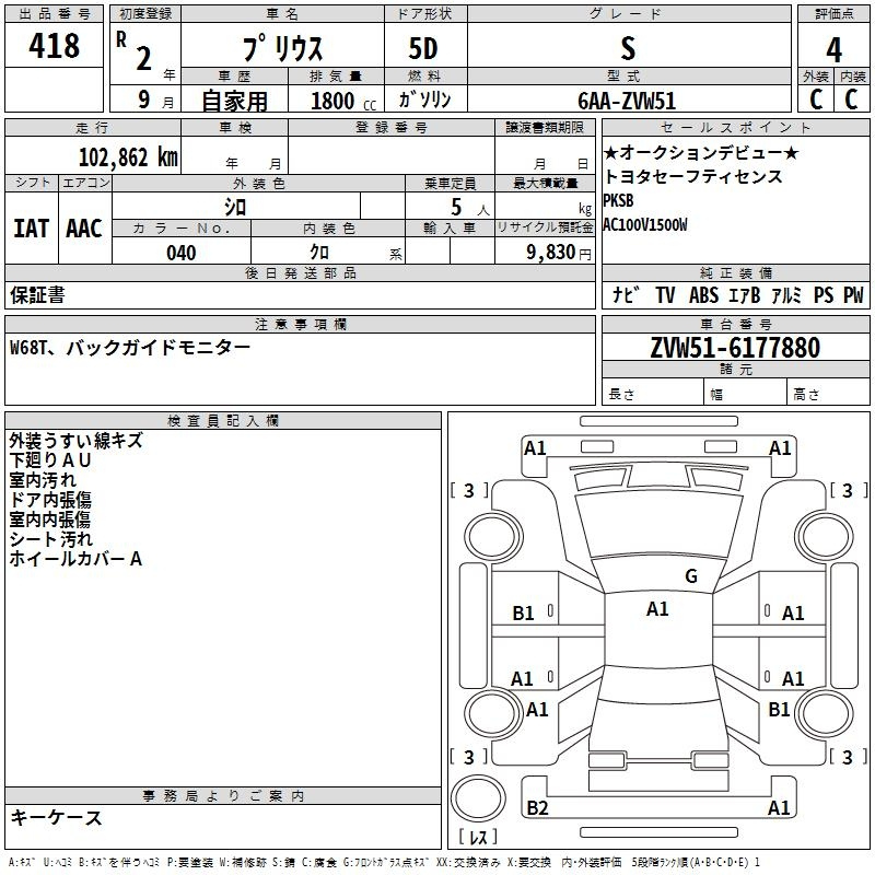 Аукционный лист TOYOTA PRIUS 2020