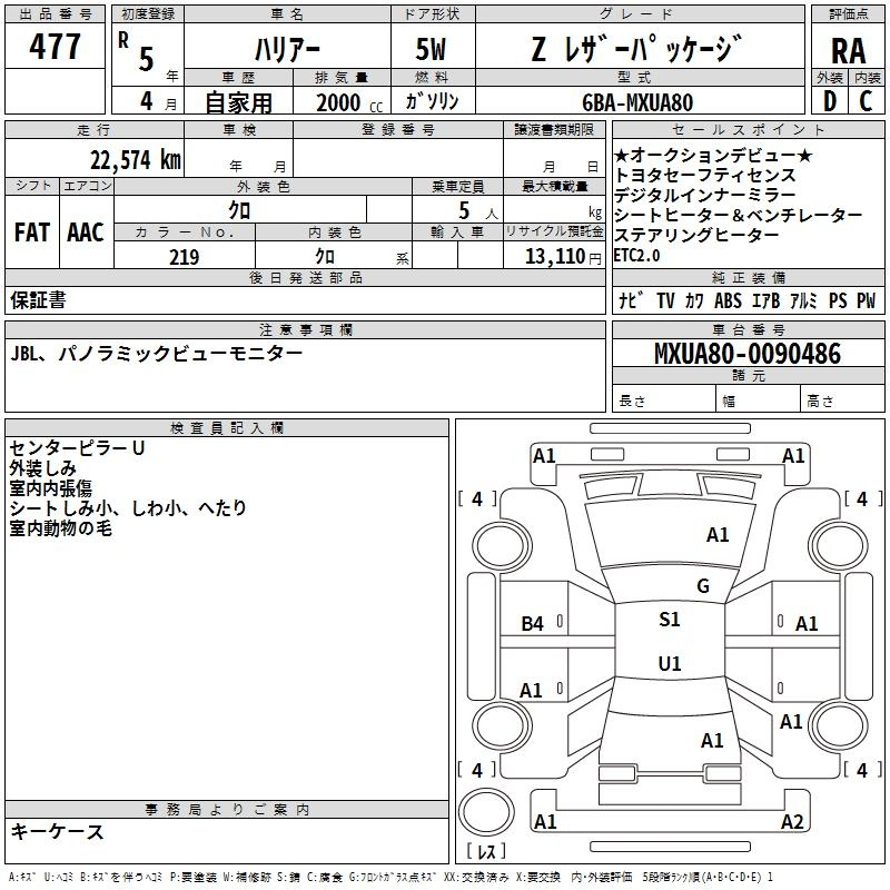 Аукционный лист TOYOTA HARRIER 2023