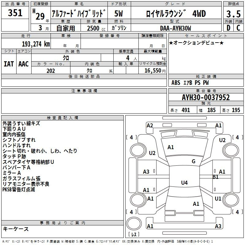Аукционный лист TOYOTA ALPHARD 2017