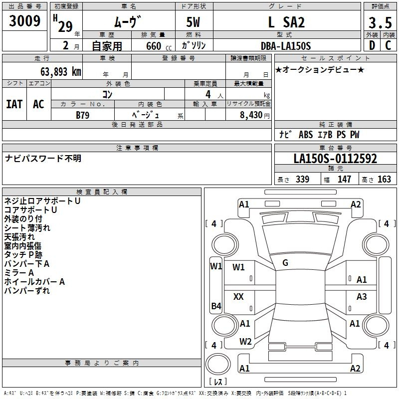 Аукционный лист DAIHATSU MOVE 2017
