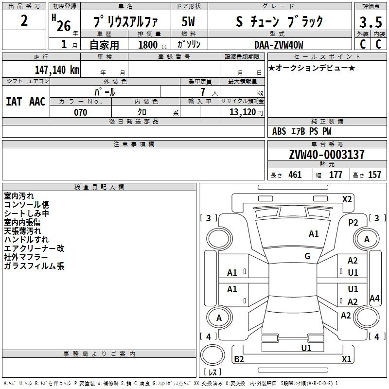 Аукционный лист TOYOTA PRIUS ALPHA 2014
