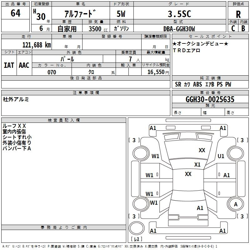 Аукционный лист TOYOTA ALPHARD 2018