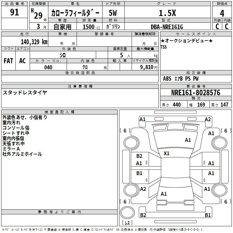 Аукционный лист TOYOTA COROLLA FIELDER 2017
