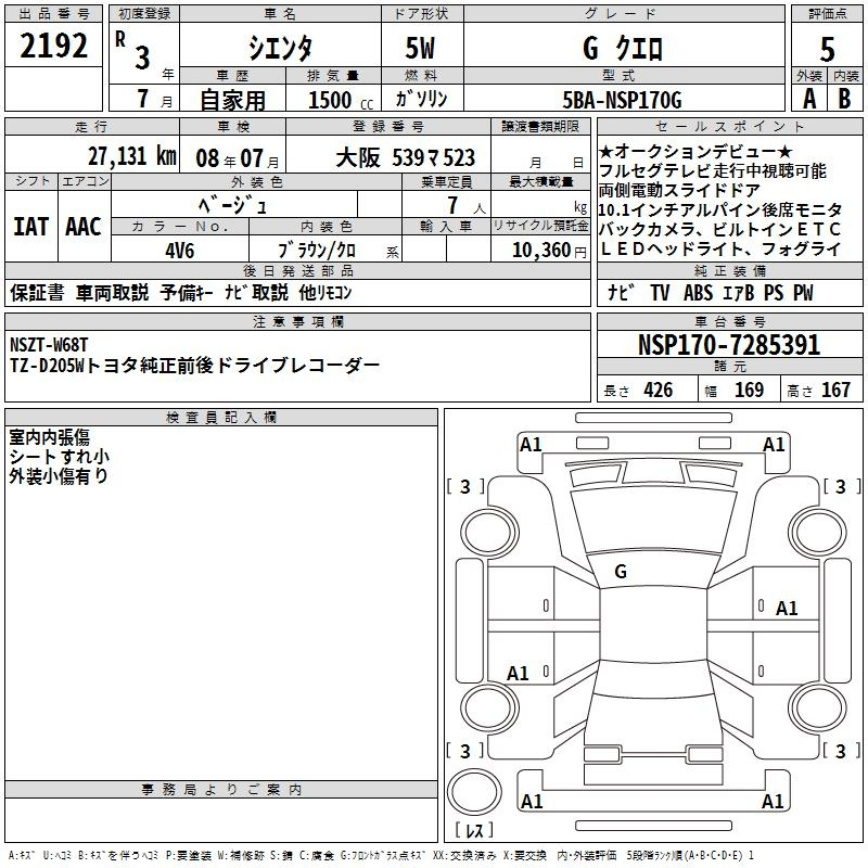 Аукционный лист TOYOTA SIENTA 2021