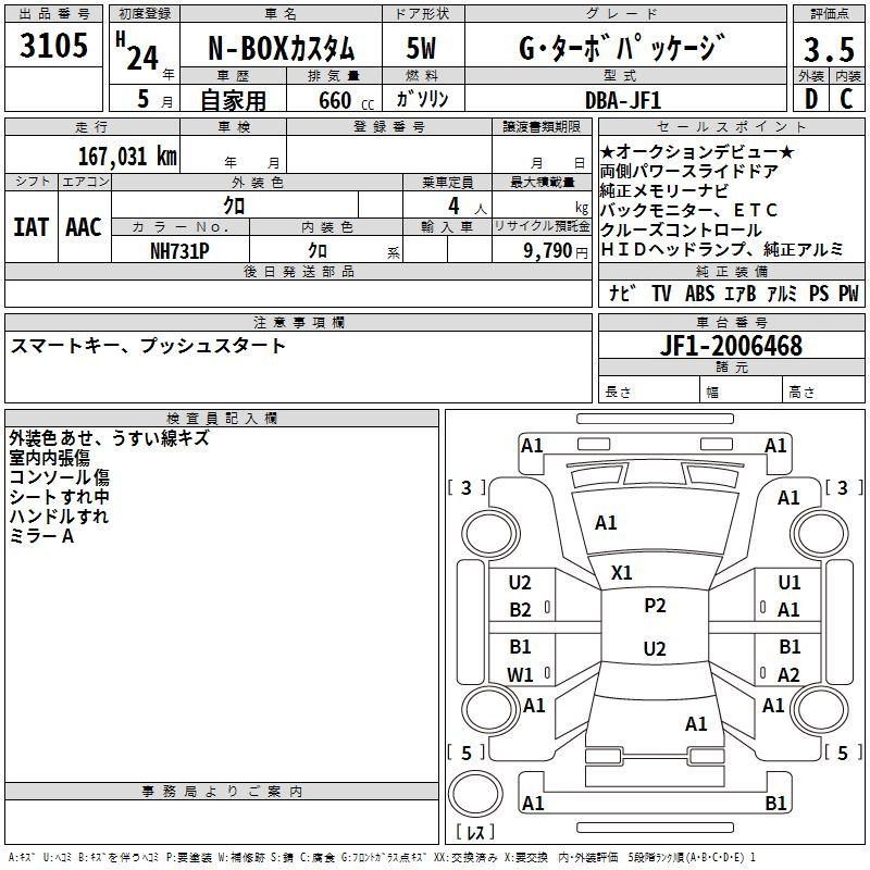 Аукционный лист HONDA N BOX 2012