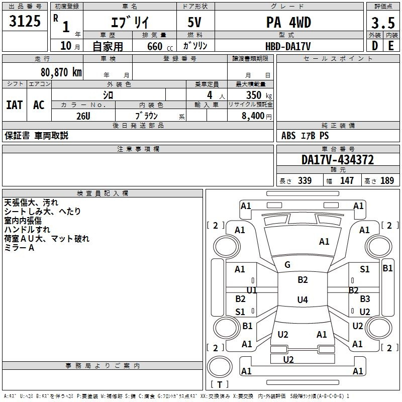 Аукционный лист SUZUKI EVERY 2019