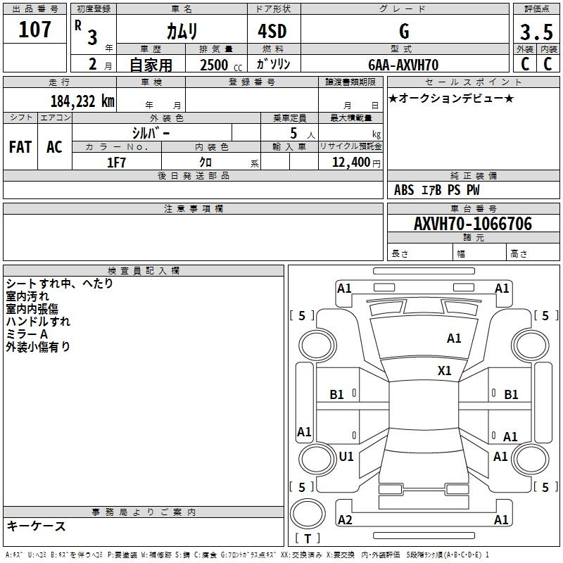 Аукционный лист TOYOTA CAMRY 2021